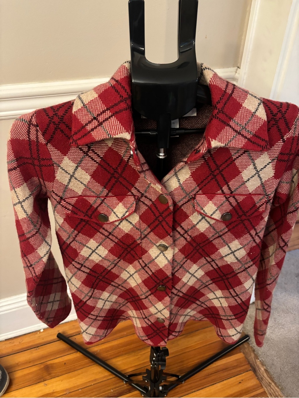 Women’s Max Studio Red and Cream Plaid Snap-Front Shacket